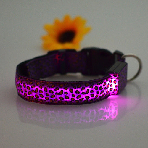 Adjustable LED Pet Collar – Leopard Print for Night Walks