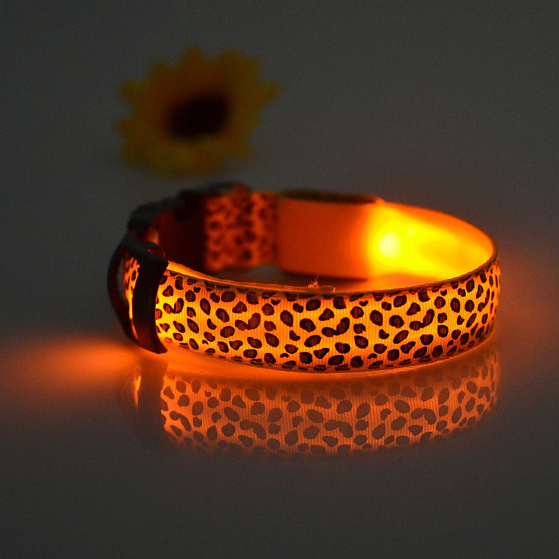 Adjustable LED Pet Collar – Leopard Print for Night Walks